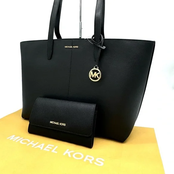 Michael Kors MD Zip Top Tote Bag Large Trifold Wallet Black